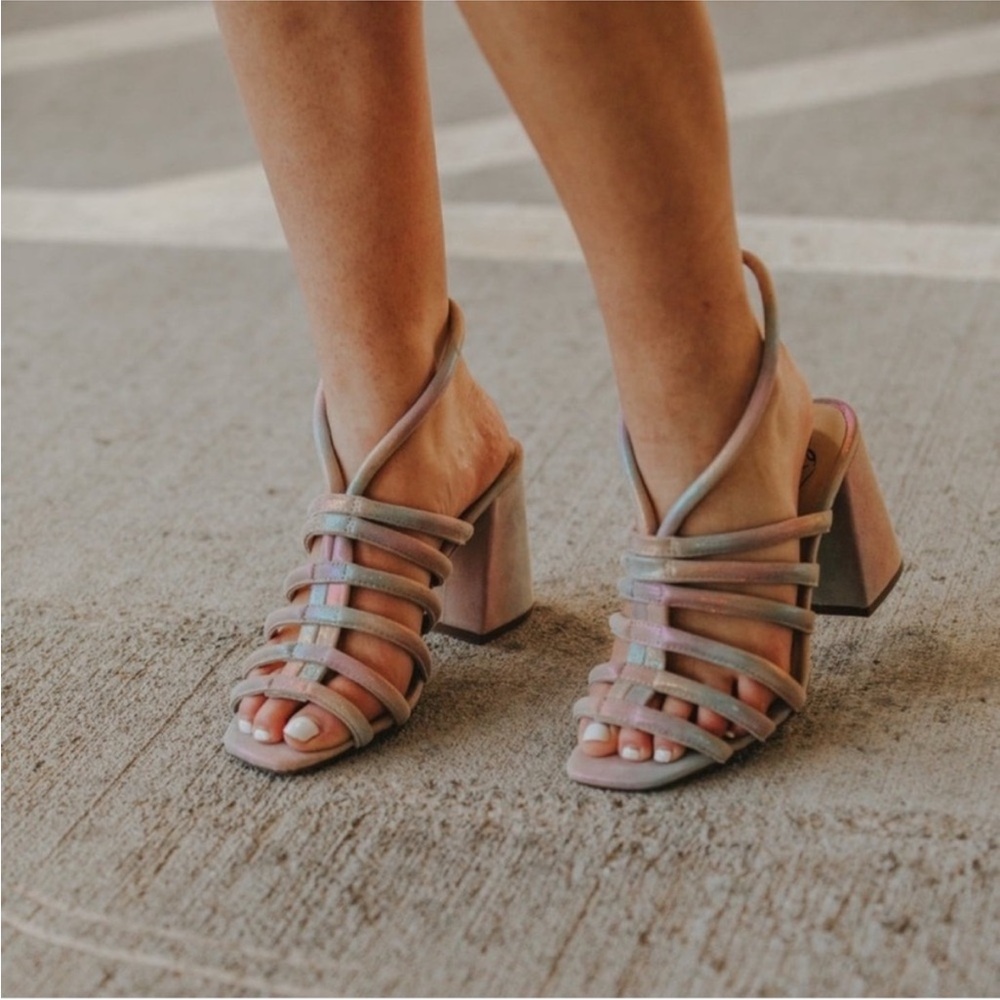 Free People Colette Cinched Heeled Sandals Rainbow iridescent Lustrous Heels 37 - Picture 3 of 15